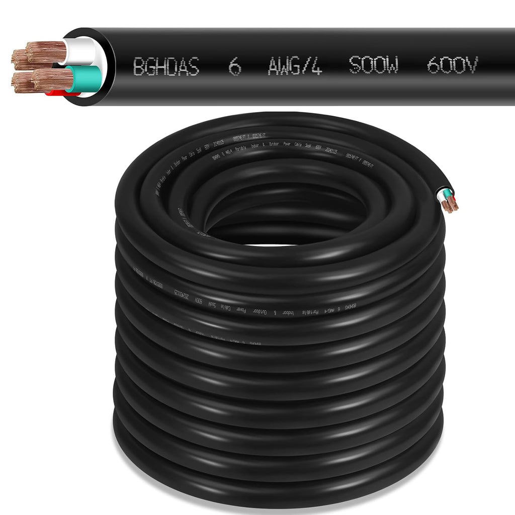 75ft 6/4 6 AWG Portable Power SOOW Cable (4 Conductor) - 600V 6 Gauge Electric SOOW Wire for Welder, Generator, Portable Lights, Circuits, RV/EV Car Chargers, Machinery - 75 Feet Electrical Cord