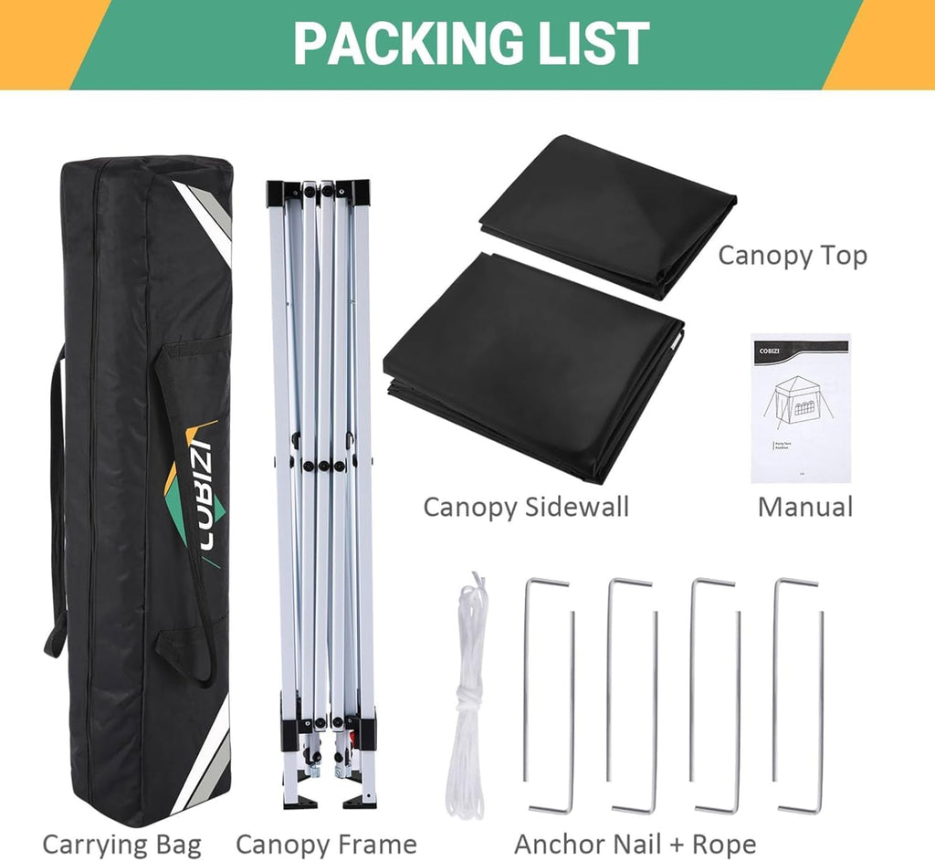 COBIZI 10x10 Pop Up Canopy Tent with 4 Removable Sidewalls, Waterproof Outdoor Commercial Easy Set Up Gazebo Tent Canopy Tents for Party/Exhibition/Picnic with Carry Bag,8 Stakes & 4 Ropes (Black.