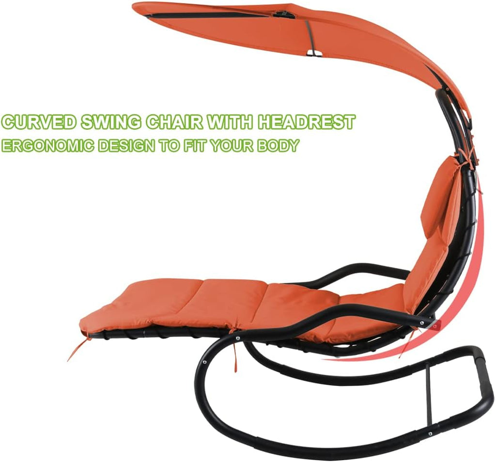Outdoor Hammock Rocking Chaise Lounge Swing Chair, with Stand and Canopy, Porch Swing w/Soft Cushion Removable Headrest, Outdoor Recliner Rocking Chair for Garden Backyard Poolside (Orange)