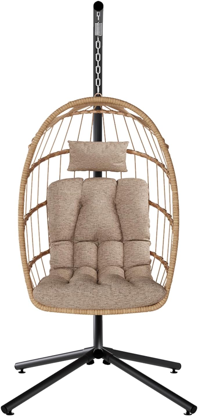 SWITTE Egg Chair Outdoor with Stand, Indoor Wicker Hanging Egg Swing Chair with Cushion, 350lbs Capacity for Patio, Bedroom, Garden - Cream