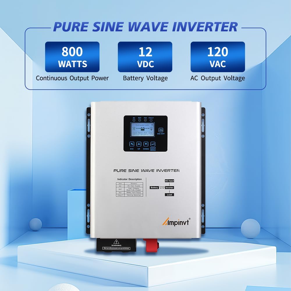 Ampinvt 800W Pure Sine Wave Inverter with AC Charger, DC 12V to AC 120V Output,UPS Backup Power Low Frequency Inverter for Lithium, Sealed,AGM, Gel,and Flooded Batteries