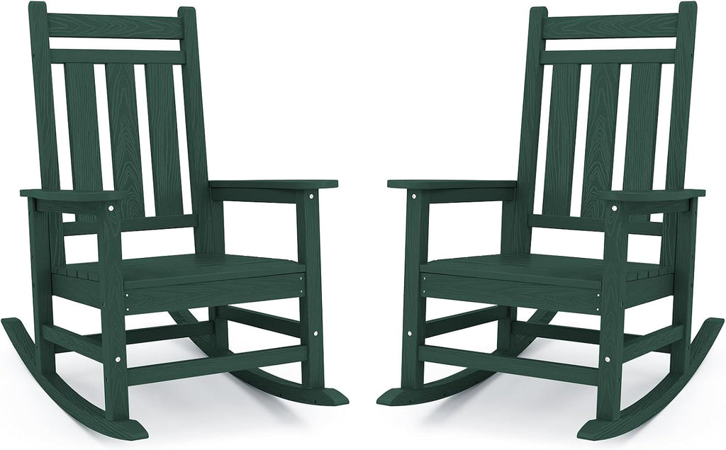 KINGYES Oversized Outdoor Rocking Chair Set of 2, All-Weather Patio Rocking Chairs for Porch, HDPE Outdoor Patio Rockers with High Back & Wide Seat for Garden, Lawn, Green