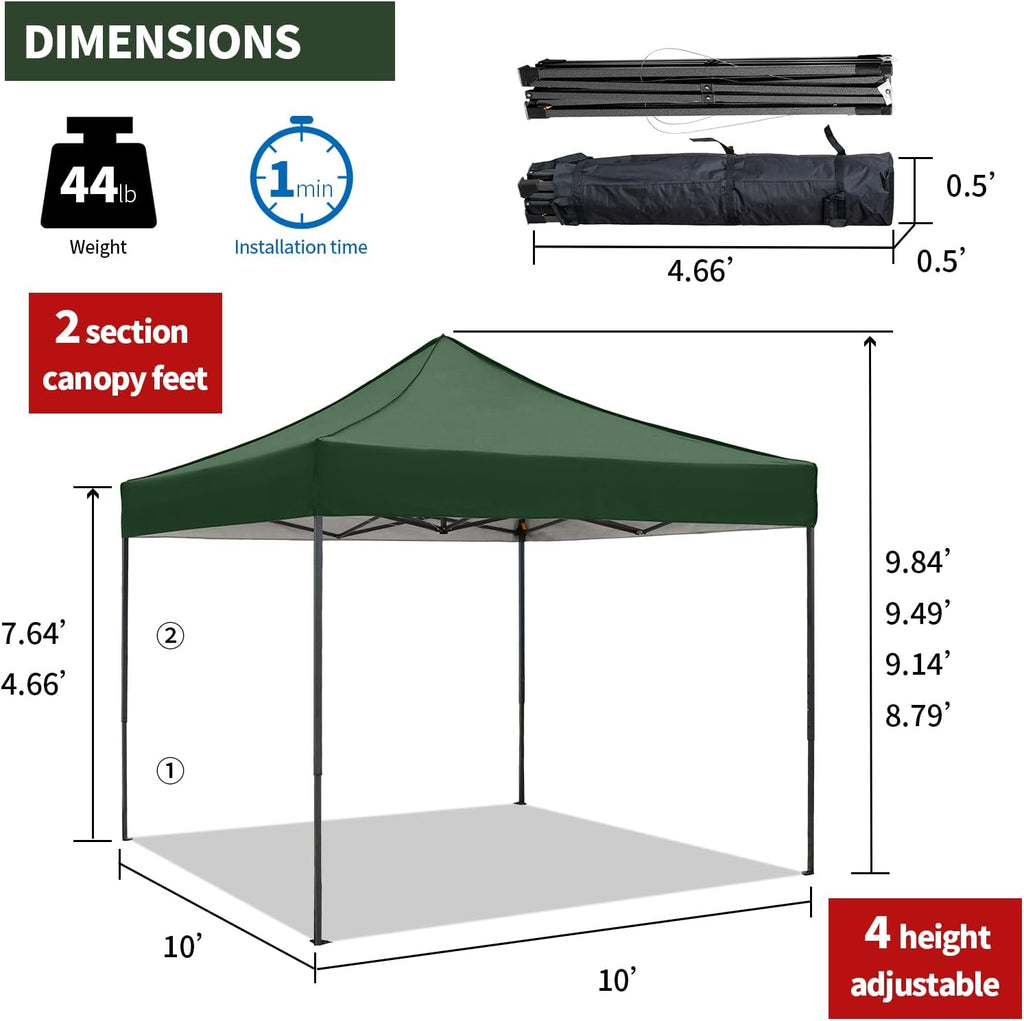 10x10 Pop up Canopy Tent with Awning Easy up Canopy with Wheel Bag Heavy Duty Waterproof Canopy Commercial Gazebo Tent for Outdoors Parties Vendors(Dark Green