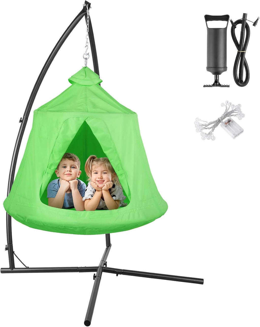Arlopu Hanging Hammock X-Stand w/Tree Tent, Indoor Metal Swing Chair Stand w/Play Tent, Outdoor Egg Basket Patio Seat w/Support Stand, Porch Bedroom Balcony Chair w/Adjustable Solid Stand (Green)