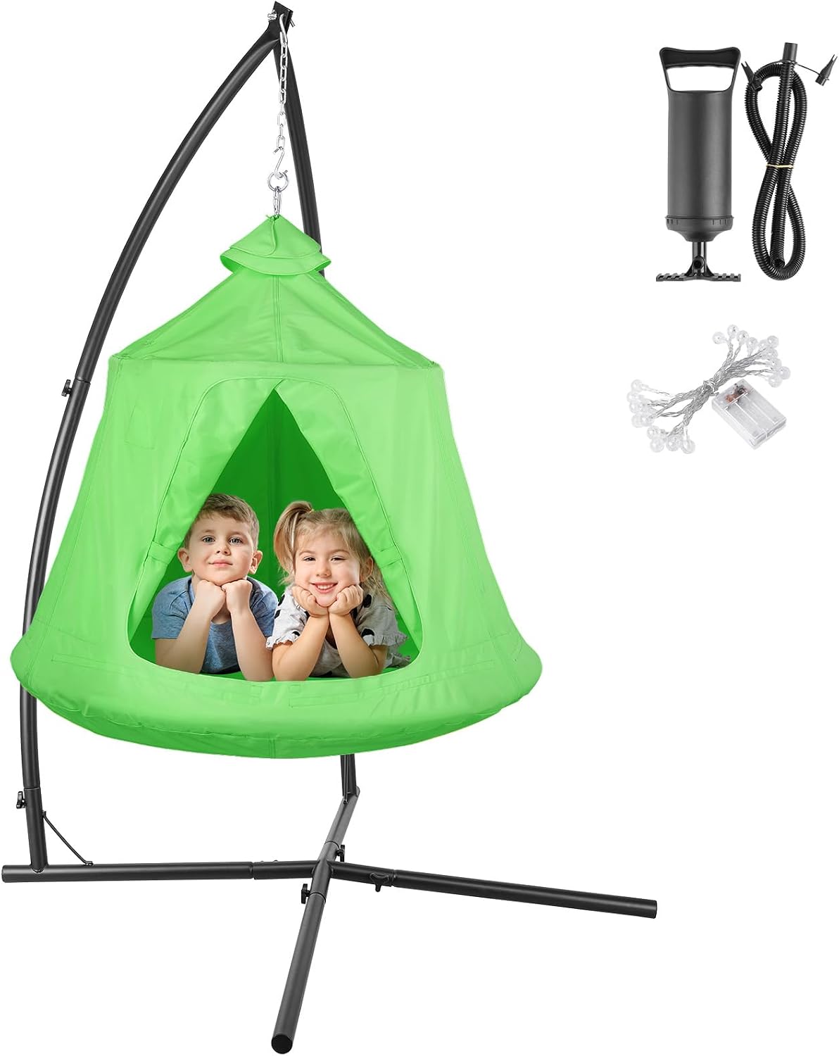 Arlopu Hanging Hammock X-Stand w/Tree Tent, Indoor Metal Swing Chair Stand w/Play Tent, Outdoor Egg Basket Patio Seat w/Support Stand, Porch Bedroom Balcony Chair w/Adjustable Solid Stand (Green)