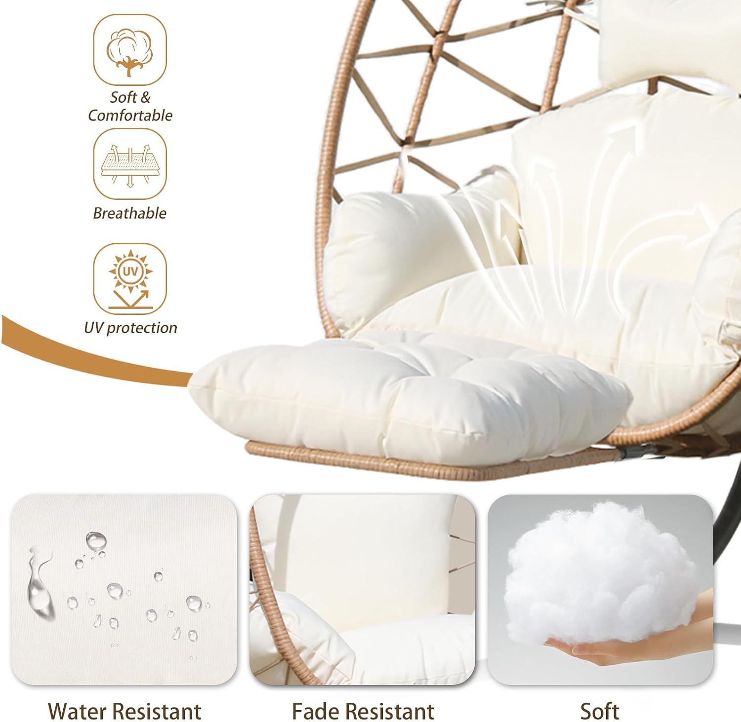 Hanging Egg Chair with Leg Stand, Indoor/Outdoor Swing Egg Chair Hammock Basket Seat Chair with Cushion for Porch Balcony Garden Patio (Ribbon+Rattan, Yellow+White)