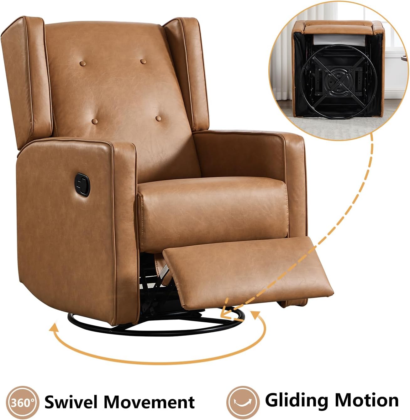 CANMOV Swivel Rocker Recliner Chair, Nursery Glider Chair, Nursery Rocking Chairs, Manual Reclining Chair, Brown