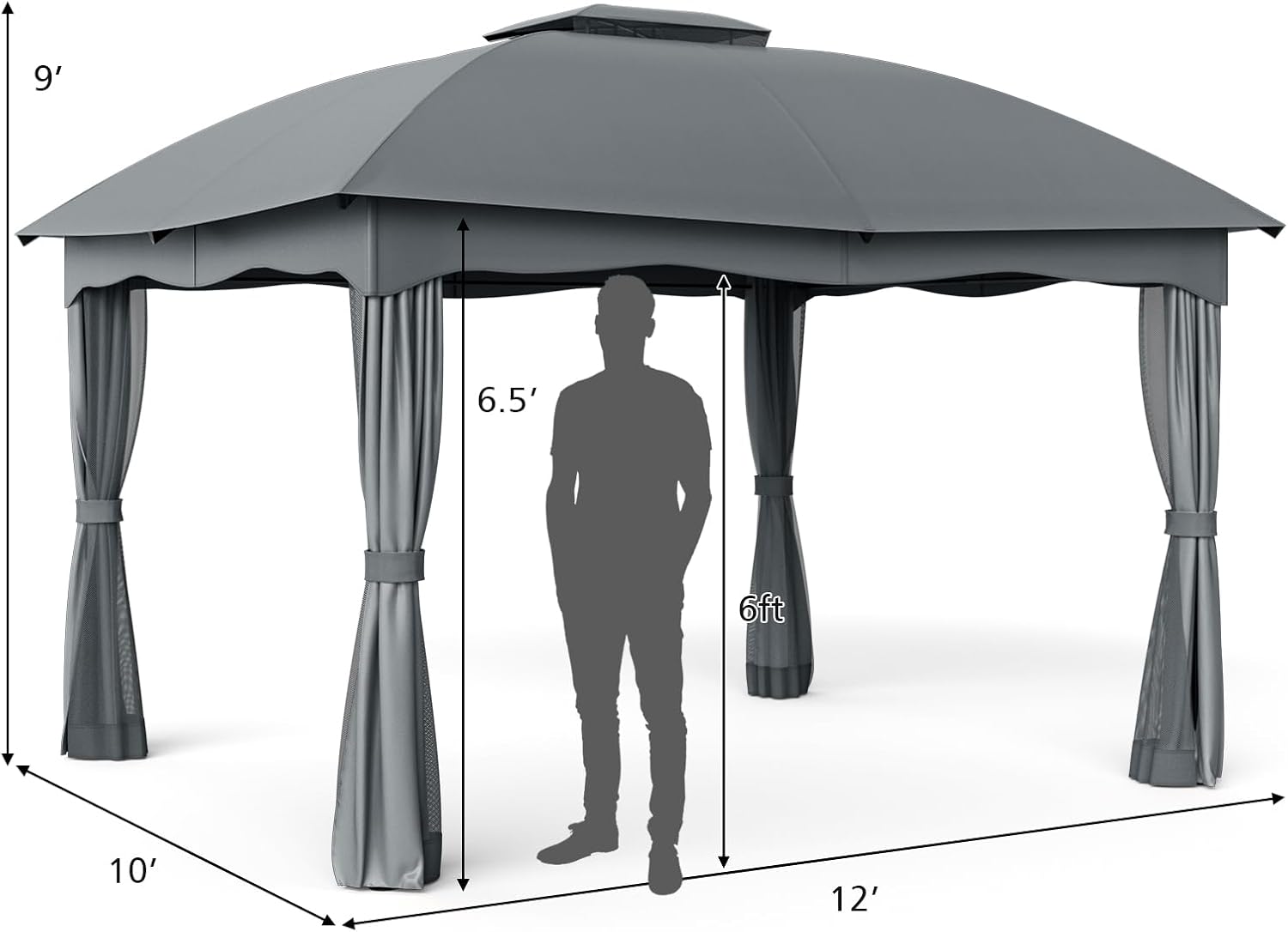 Tangkula 12x10 Ft Patio Gazebo, Double Vented Gazebo with Zippered Privacy Curtains, Mesh Screen Netting, Outdoor Steel Gazebo for Deck, Garden, Yard, Poolside (Grey)