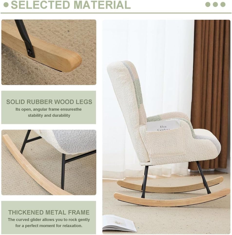Nursery Rocking Chair Teddy Upholstered Glider Rocker Rocking Accent Chair with High Backrest Armchair Comfy Side Chair for Living Room, Bedroom, Offices (Spliced Green)