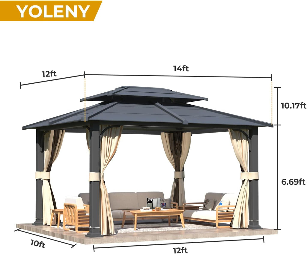 YOLENY 12'x 14' Gazebo with Galvanized Steel Roof, Double Roof Design with Anti-Rust Coating, Outdoor Gazebos with Curtains and Netting, Sunshade for Gardens, Lawns, Deck