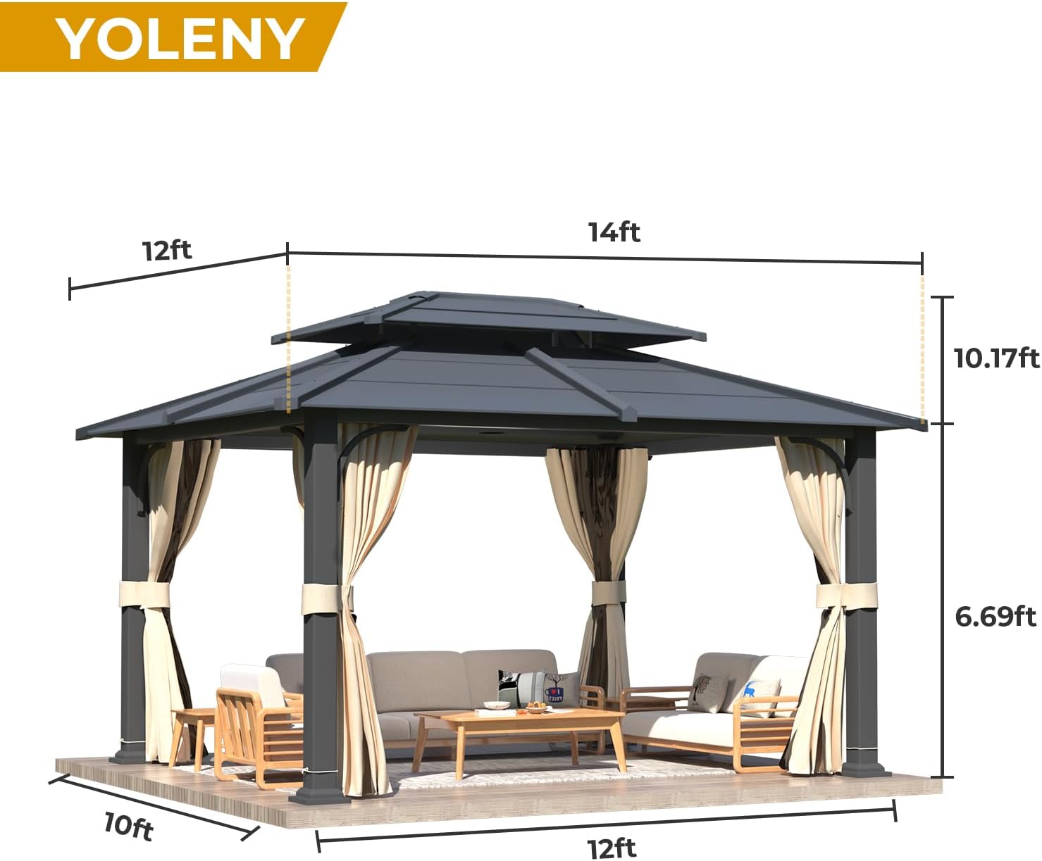 YOLENY 12'x 14' Gazebo with Galvanized Steel Roof, Double Roof Design with Anti-Rust Coating, Outdoor Gazebos with Curtains and Netting, Sunshade for Gardens, Lawns, Deck
