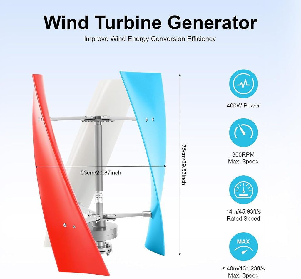 Wind Generator, 400W 24V 3 Blade Vertical Wind Turbine Generator Vertical Axis Wind Turbine Vertical Wind Generators Kit Wind Power Generators w/Controller for Home Business Ships