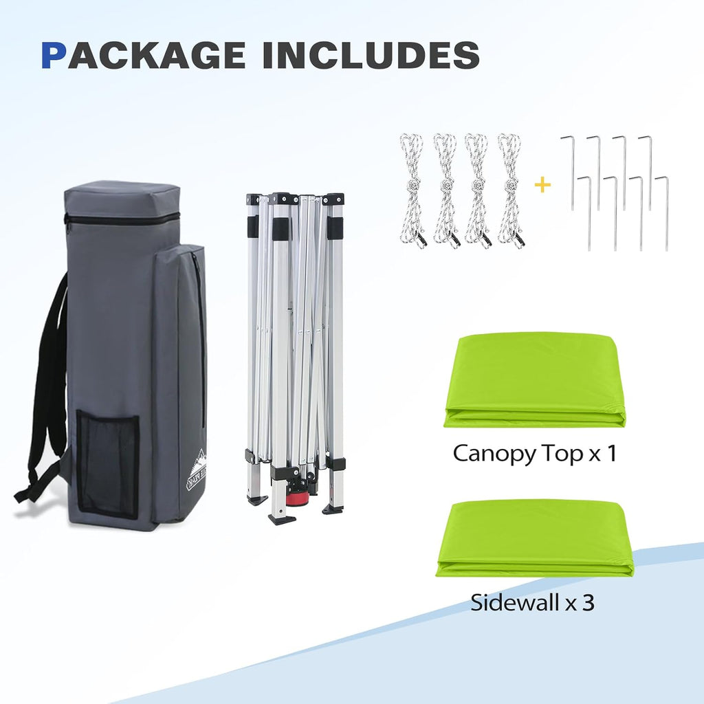 EAGLE PEAK Day Tripper 8x8 Aluminum Super-Lightweight Slant Leg Pop Up Canopy with 3 Removable Walls, Instant Outdoor Backpack Canopy Tent, Outside Beach Folding Sun Shelter, 8x8 Base 6x6 Top, Green