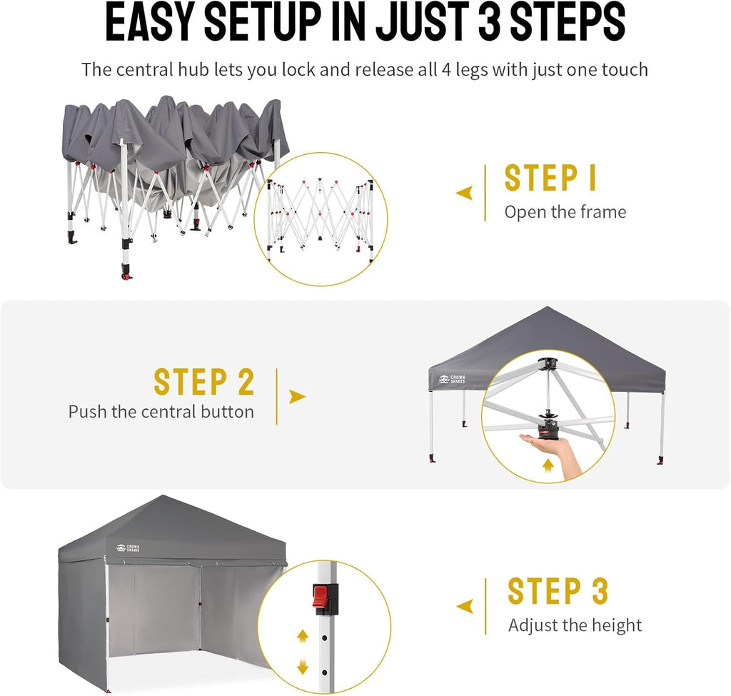 CROWN SHADES 10X10 Commercial Instant Canopy Pop Up Tent with Center Lock, 300D Fabric, 4 Sidewalls, Sto'N Go Bag, Grey