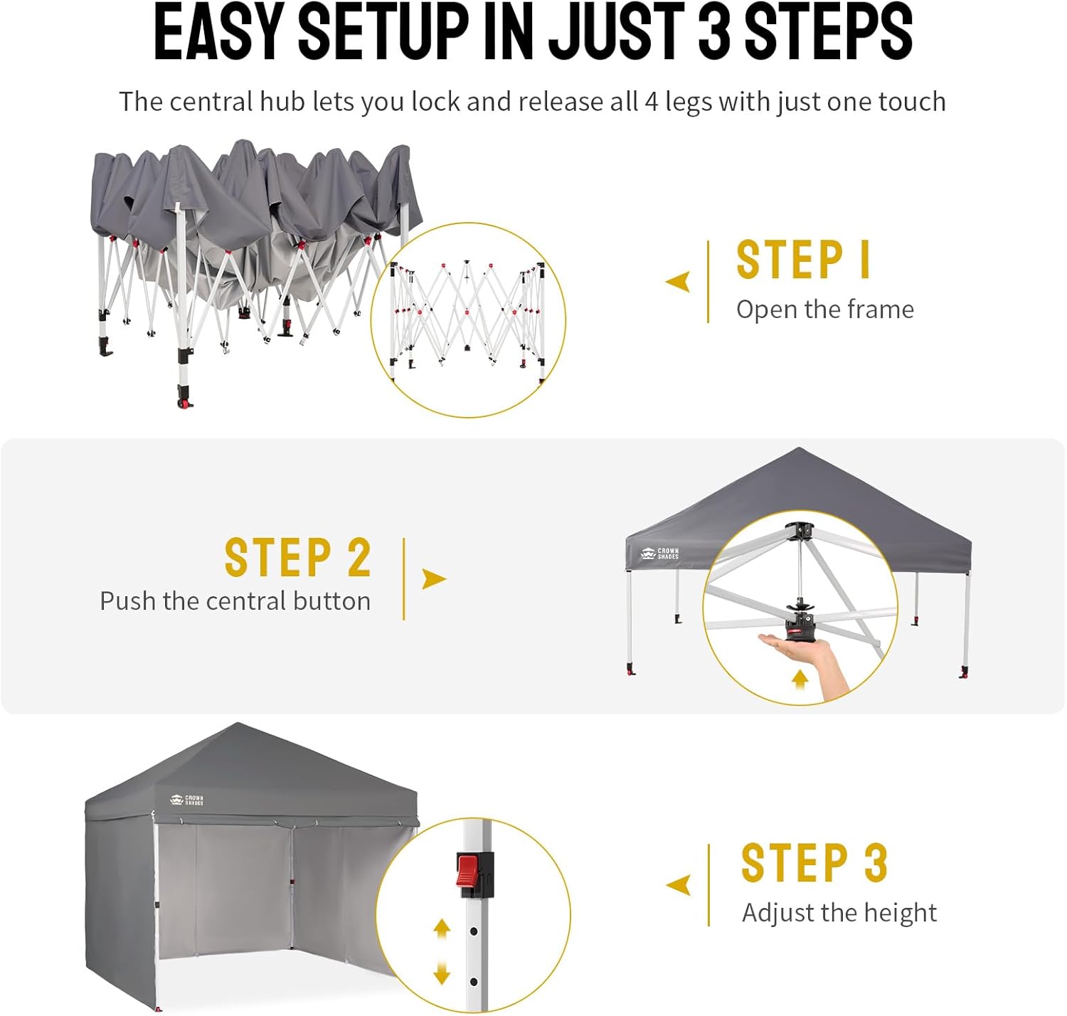 CROWN SHADES 10X10 Commercial Instant Canopy Pop Up Tent with Center Lock, 300D Fabric, 4 Sidewalls, Sto'N Go Bag, Grey