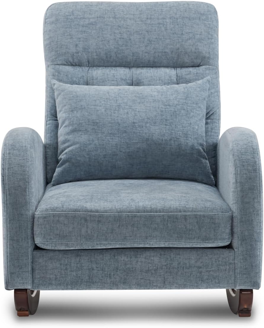 VINGLI Chenille Low Seat Nursery Rocking Chair,Upholstered Comfy Rocker Glider Chair with Side Pockets, Accent Arm Chair with High Backrest,Solid Wood Base for Living Room Bedroom Balcony,Blue