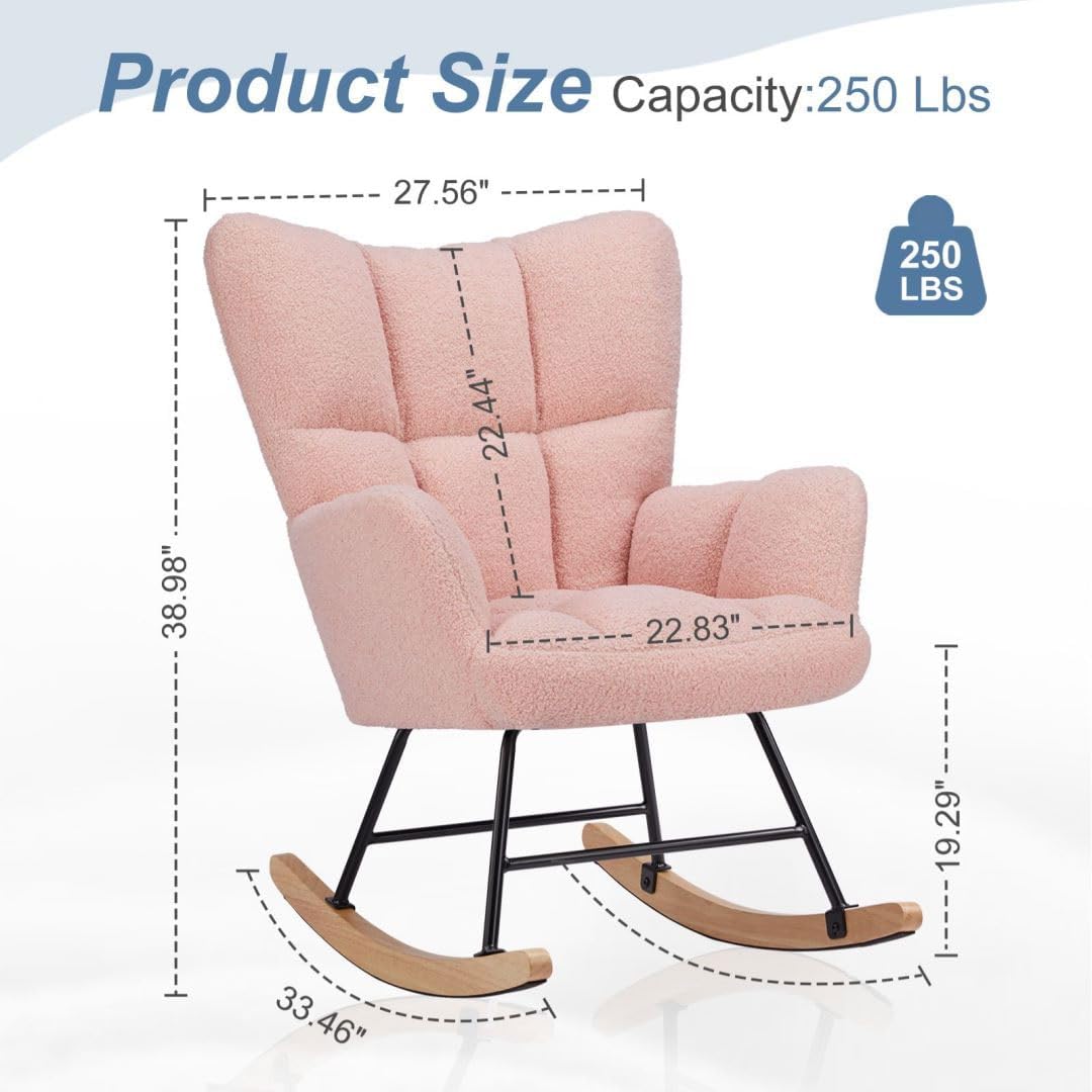Nursery Rocking Chair, Boho Accent Ottoman, Teddy Upholstered Glider Rocker Accent Chair with High Backrest for Living Room, Small Spaces, Bedroom, Pink