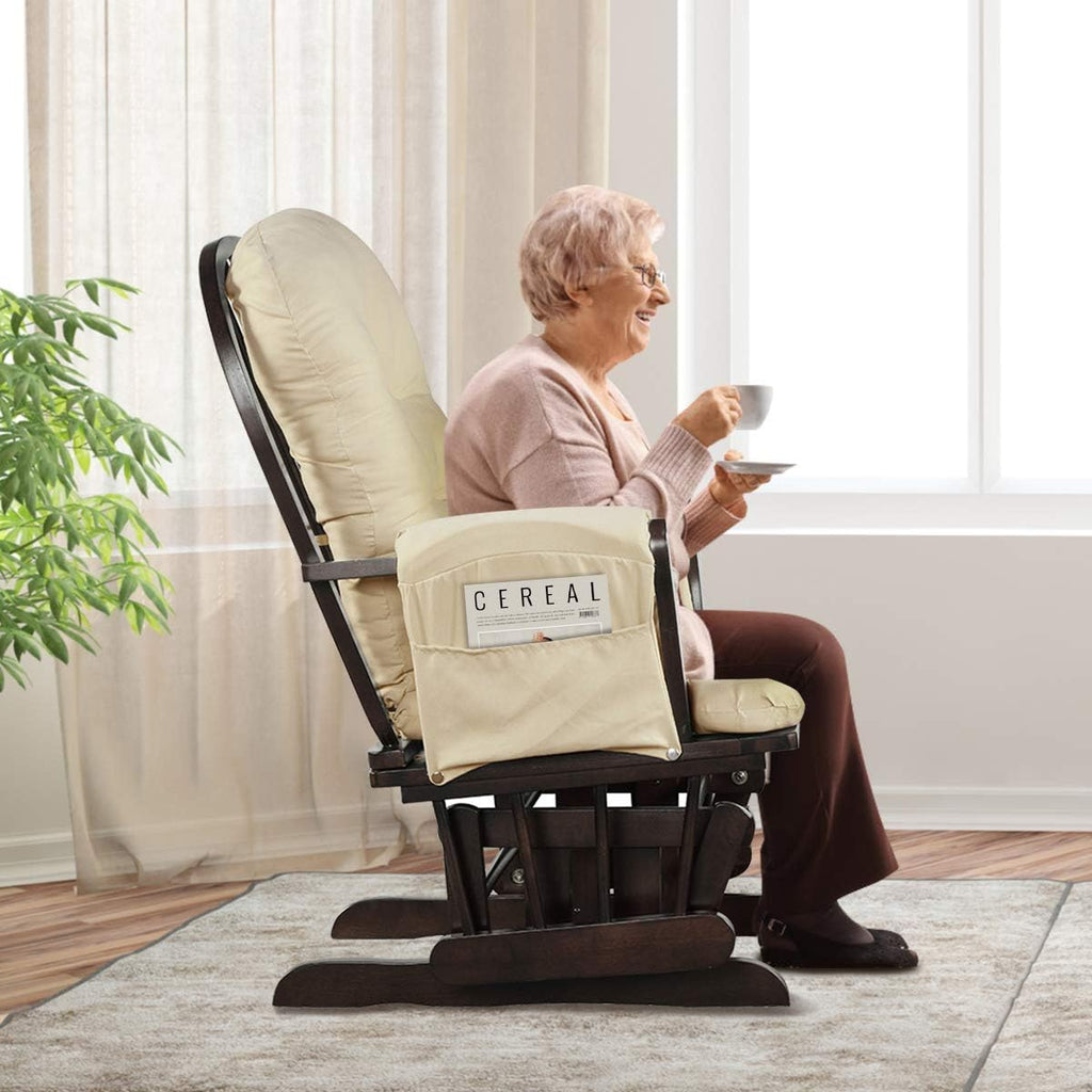 Costzon Nursery Glider with Ottoman, Upholstered Comfort Glider Rocker with Padded Cushion, Storage Pocket, Solid Wood Base, Rocking Chair Nursery for Breastfeeding, Napping (Beige)