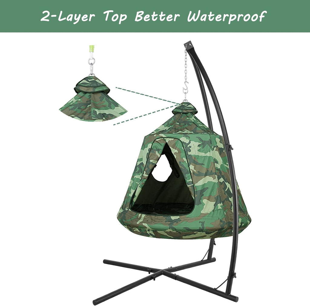 X-Shaped Hanging Tree Tent w/Swing Chair,Hammock Chair Stand Canopy w/Steel Frame,Indoor Outdoor Egg Basket Patio Seat w/Adjustable Solid Stand,Bedroom Porch Balcony Garden 330lb (Camouflage)