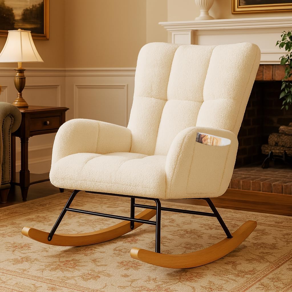 COMHOMA Nursery Rocking Chair, Teddy Upholstered Glider Rocking Chair with Side Pockets, Accent Chair with High Backrest Reading Chair for Adult, Nursery, Bedroom, Living Room,Offices(Beige)