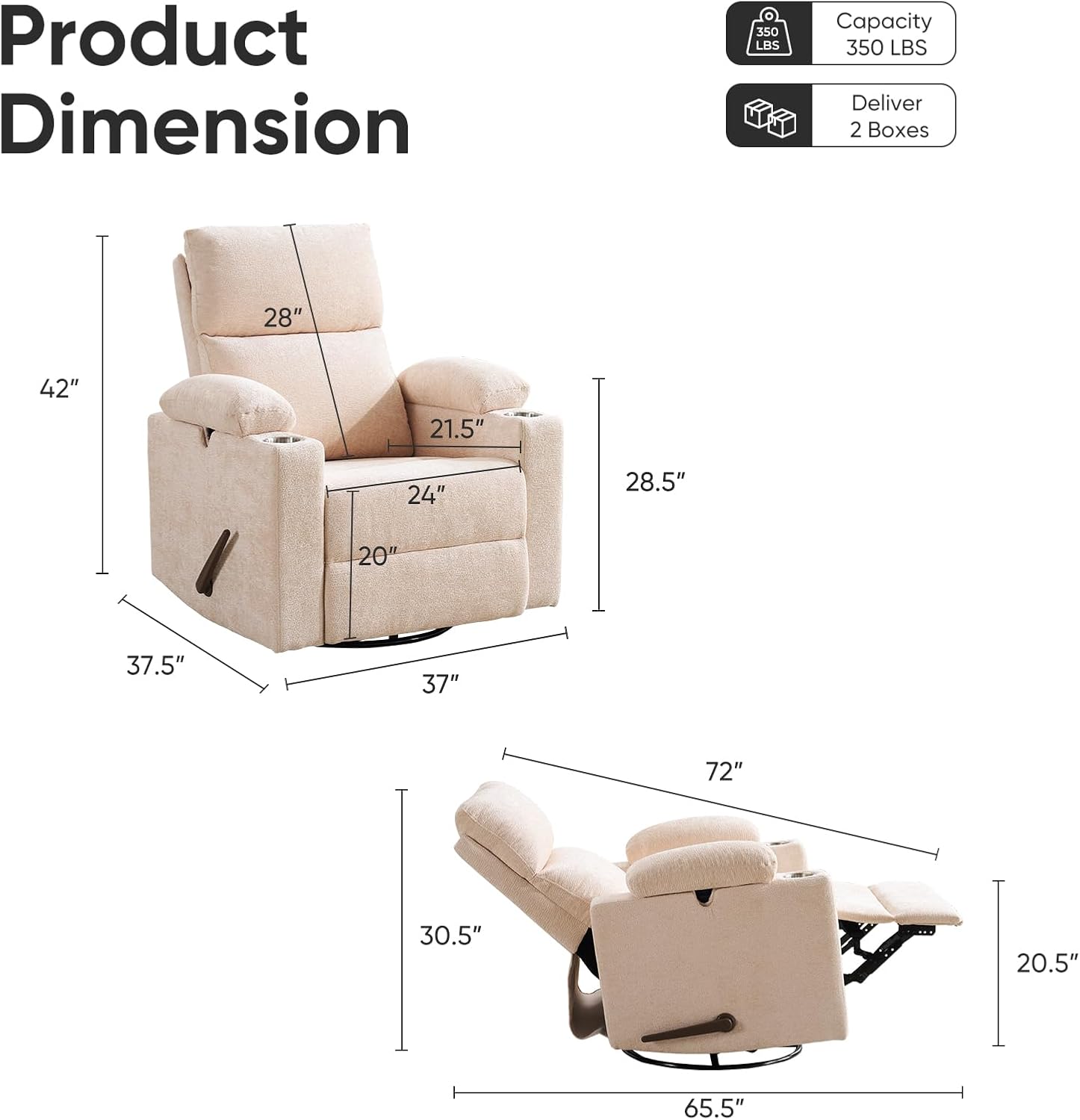 Swivel Rocker Recliner with Adjustable Armrests, Rocking Nursery Chair with Adjustable Headrest, Cup Holder, Manual Recliner Nursing Chair for Breastfeeding, Chenille Beige