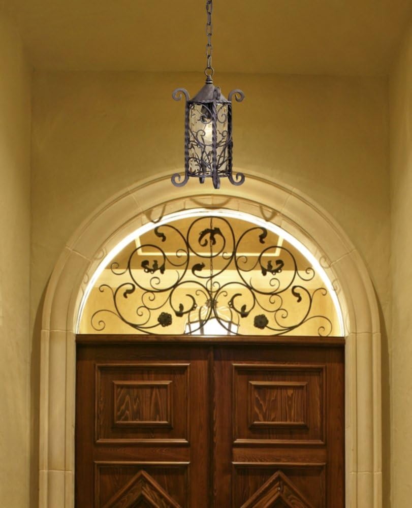 John Timberland Casa Seville Rustic Outdoor Hanging Ceiling Light Dark Walnut Scroll 15' Champagne Water Glass Damp Rated for Exterior House Porch Patio Outside Deck Garage Front Door Home Gazebo