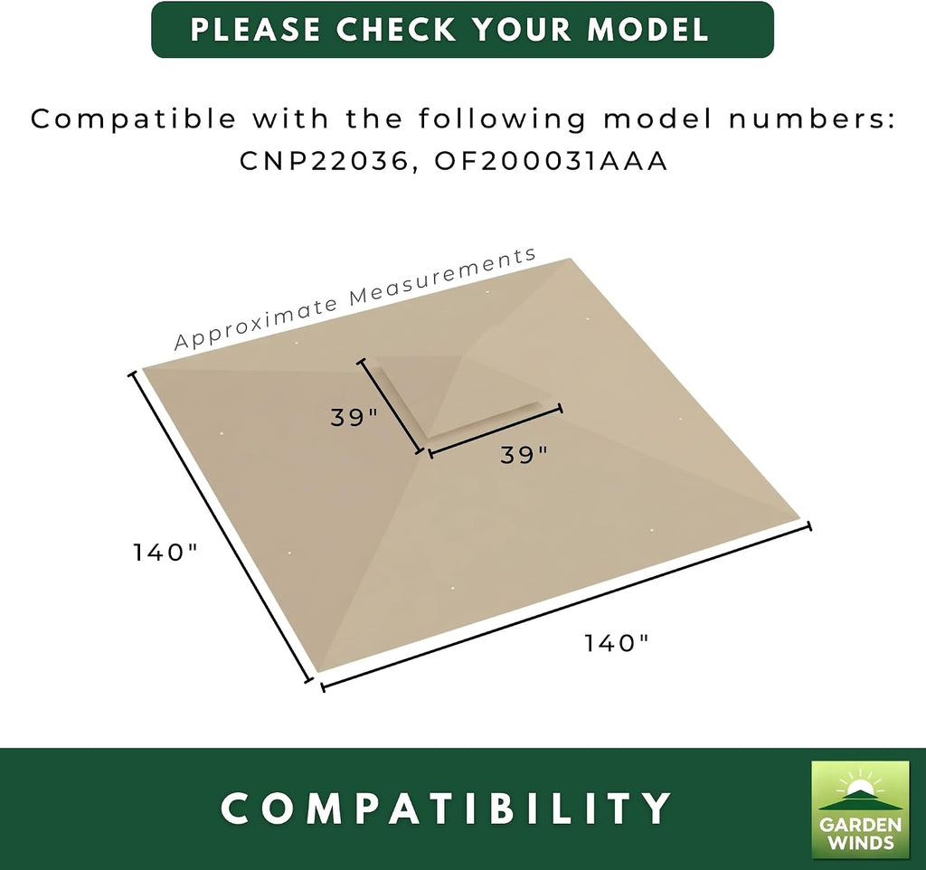 Garden Winds Reinforced RipLock 350 Replacement Canopy Top Cover Compatible with Outfine 12' x 12' Pop Up Gazebo Models CNP22036, OF200031AAA - Beige