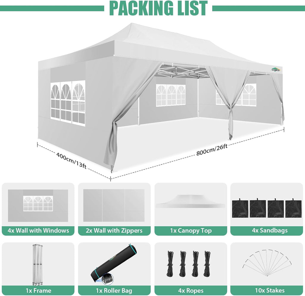COBIZI 13x26 Heavy Duty Pop Up Canopy with 6 Sidewalls Party Tent Outdoor Wedding Large Event Tent with Roller Bag for Garden Lawn Waterproof UPF 50+ Easy Up, White (Framework Upgraded)