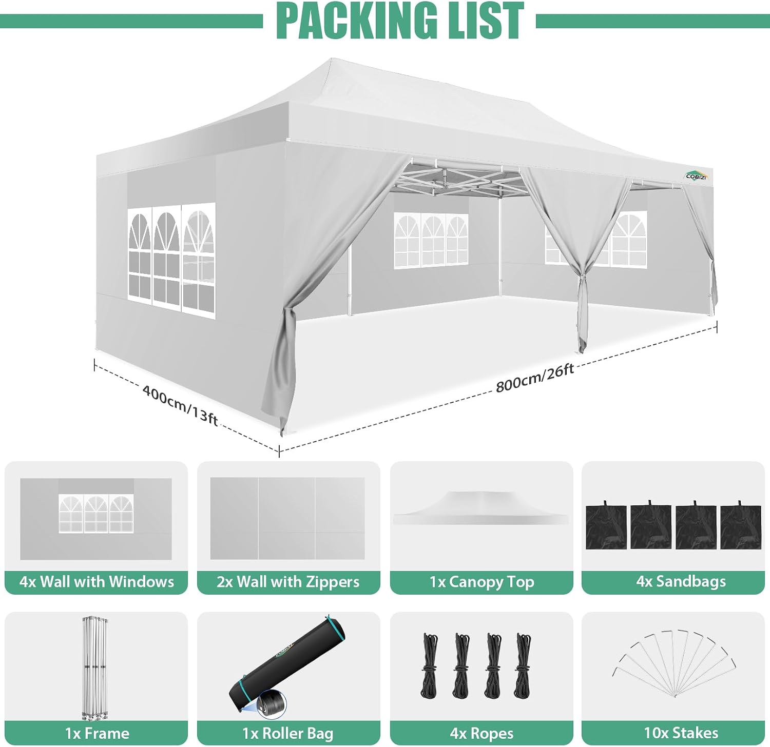 COBIZI 13x26 Heavy Duty Pop Up Canopy with 6 Sidewalls Party Tent Outdoor Wedding Large Event Tent with Roller Bag for Garden Lawn Waterproof UPF 50+ Easy Up, White (Framework Upgraded)