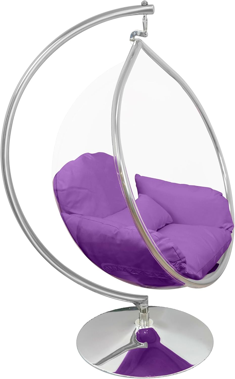 Hanging Chair - Transparent Acrylic Bubble, Waterdrop Shape, Indoor Swing Chair with Gold/Chrome Stand, Durable Fabric Cushion - Luxury Accent for Living Room, Bedroom (Chrome/Purple)