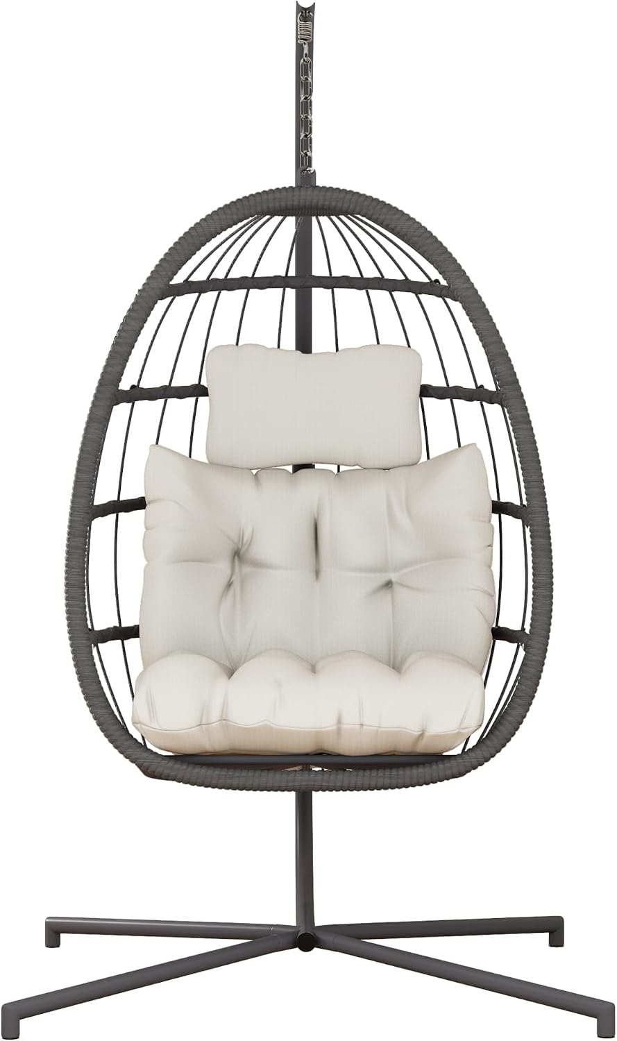 HWB Hanging Egg Chair with Stand, Patio Wicker Egg Swing Chair with Cushion for Bedroom Garden Indoor Outdoor (Beige)