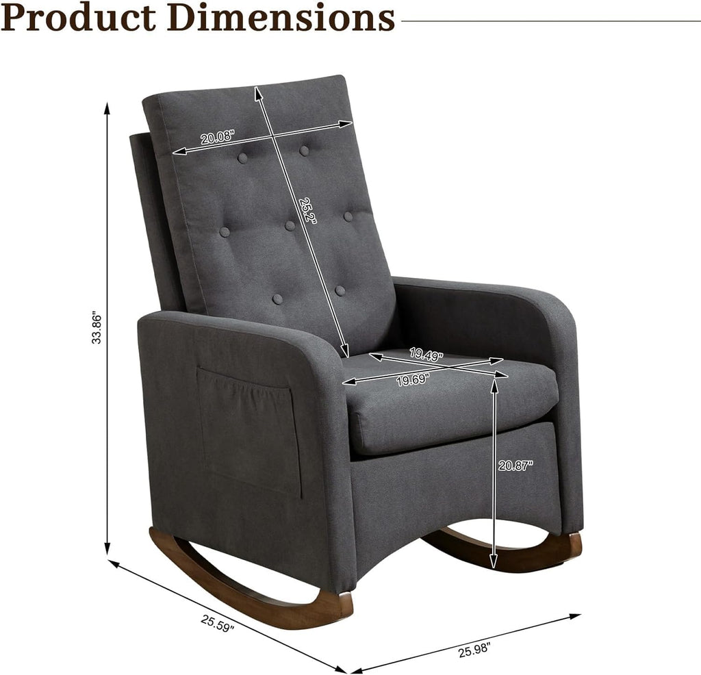 Nursery Rocking Chair, Comfy Upholstered Glider Rocker Armchair with Rubber Wood Legs High Back and Side Pocket for Living Room Bedroom, Deep Grey