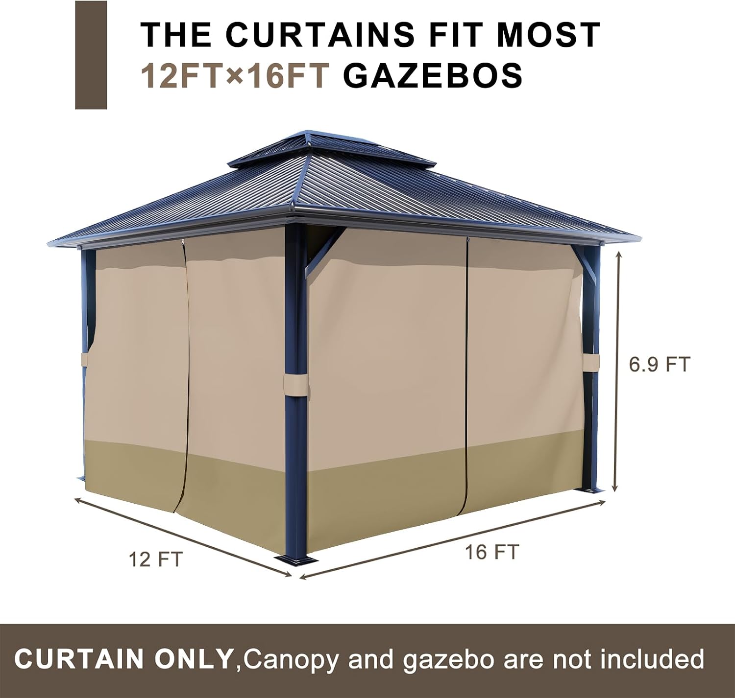 BPS 12' x 16' Gazebo Privacy Curtains with Double Zipper, 4-Panels Side Wall Universal Gazebo Side Panels Replacement for Patio, Outdoor Canopy, Garden and Backyard (Curtain Only)