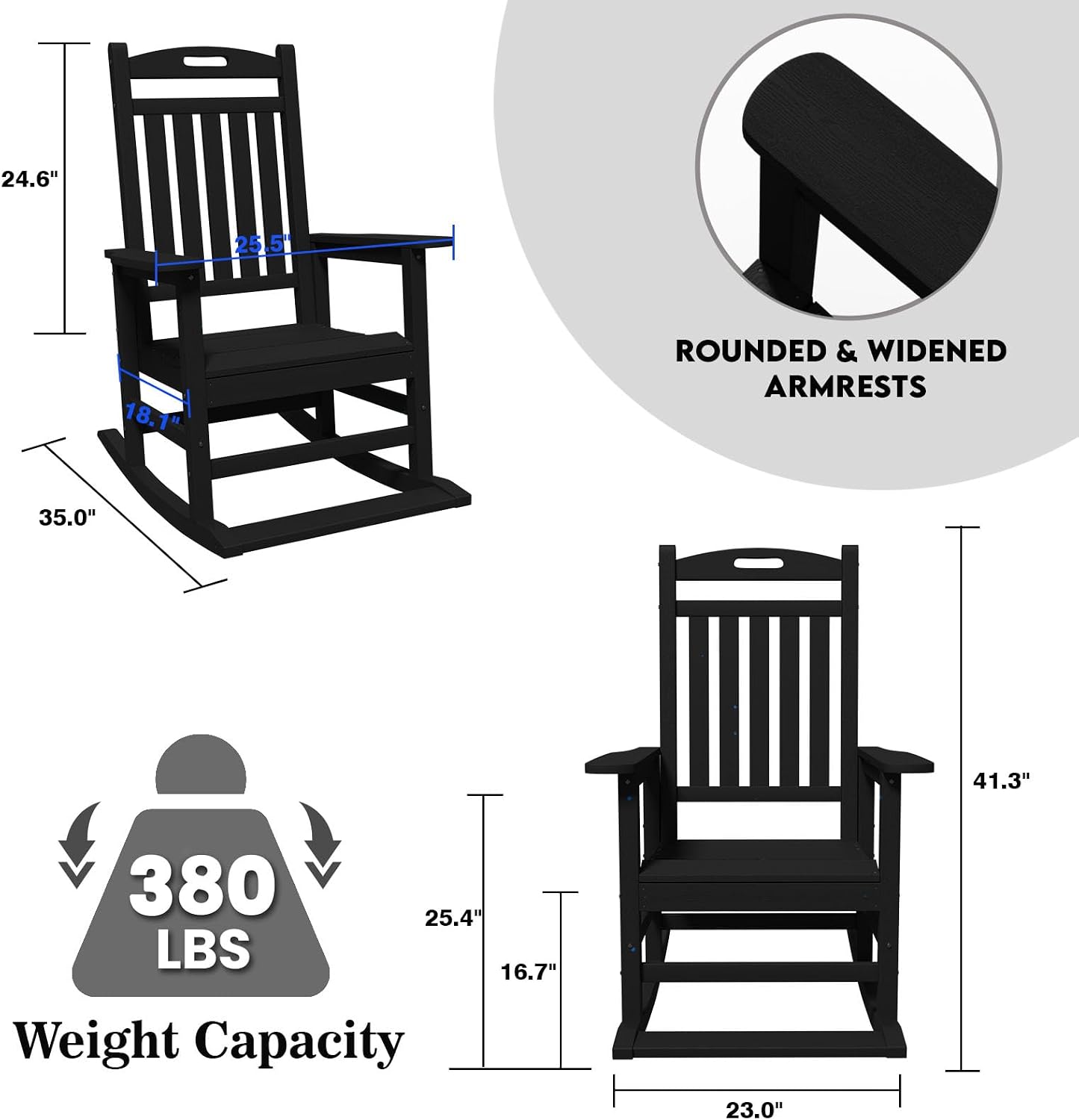 PLUUV Outdoor Rocking Chair, HDPE Patio Rocking Chairs with Footboard, All Weather Porch Rockers Outdoor for Adult, Effortless Installation, Black