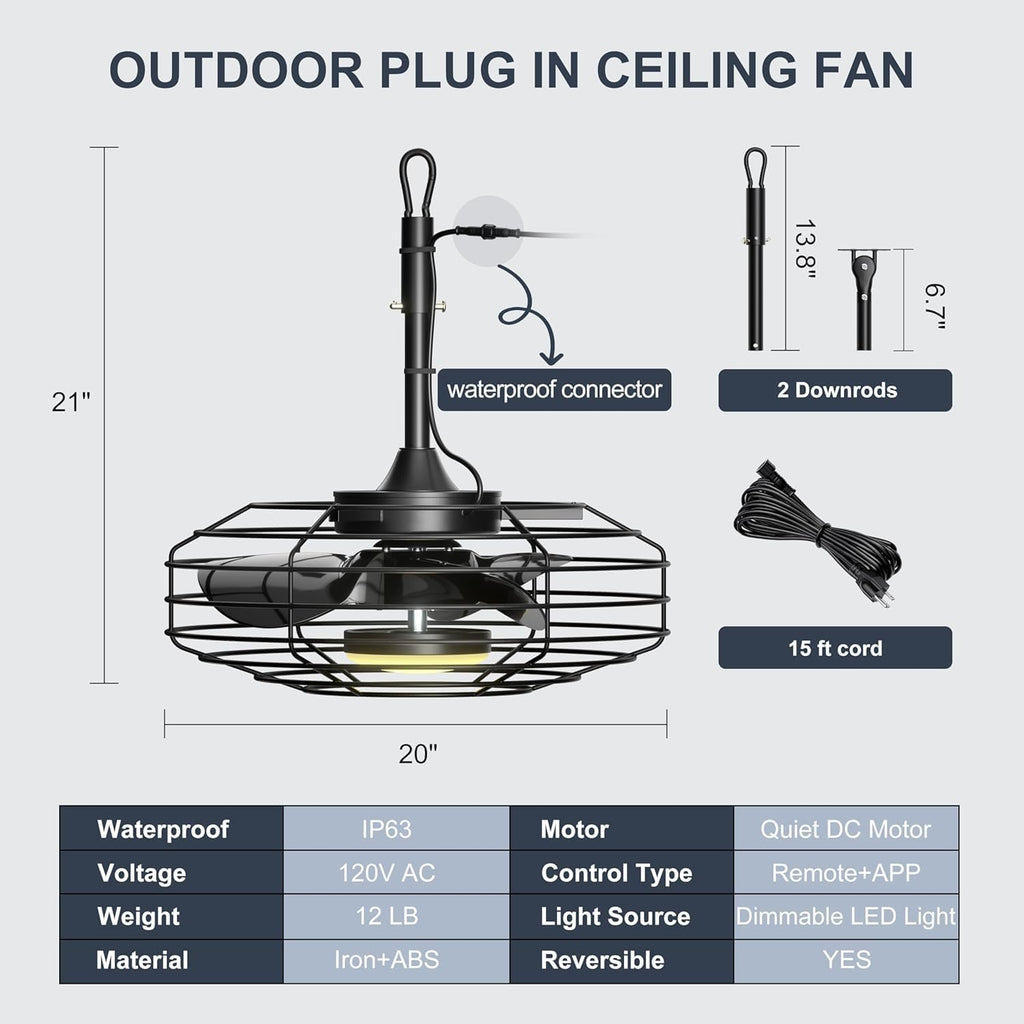 Coolbull 20 Inch Outdoor Ceiling Fans with Light, IP63 Waterproof Gazebo Fan with Hanging Hook, Plug in Caged Ceiling Fan, Remote&APP Control, 3 CCT, 6 Speeds for Patio, Pergola, Canopy, Black