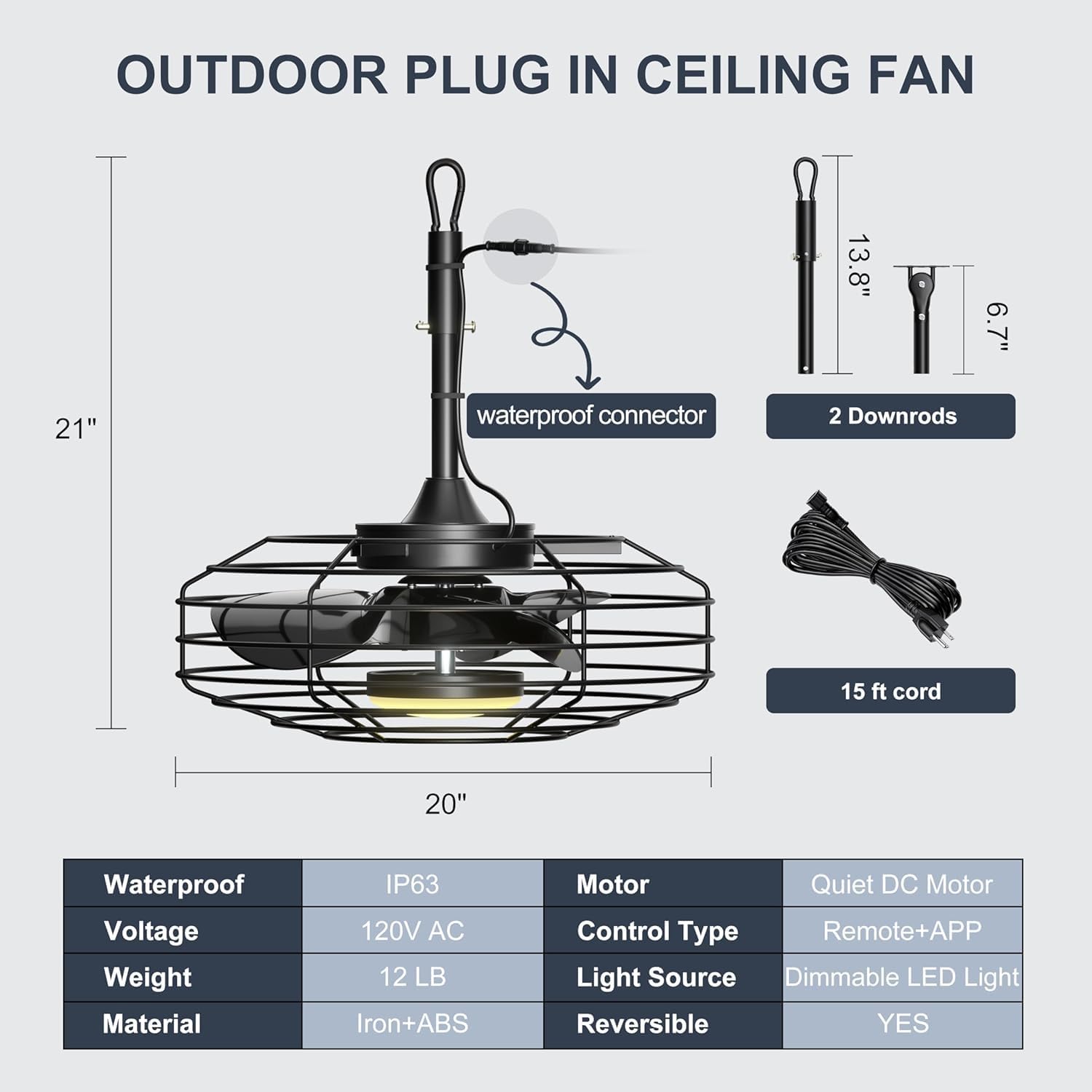 Coolbull 20 Inch Outdoor Ceiling Fans with Light, IP63 Waterproof Gazebo Fan with Hanging Hook, Plug in Caged Ceiling Fan, Remote&APP Control, 3 CCT, 6 Speeds for Patio, Pergola, Canopy, Black