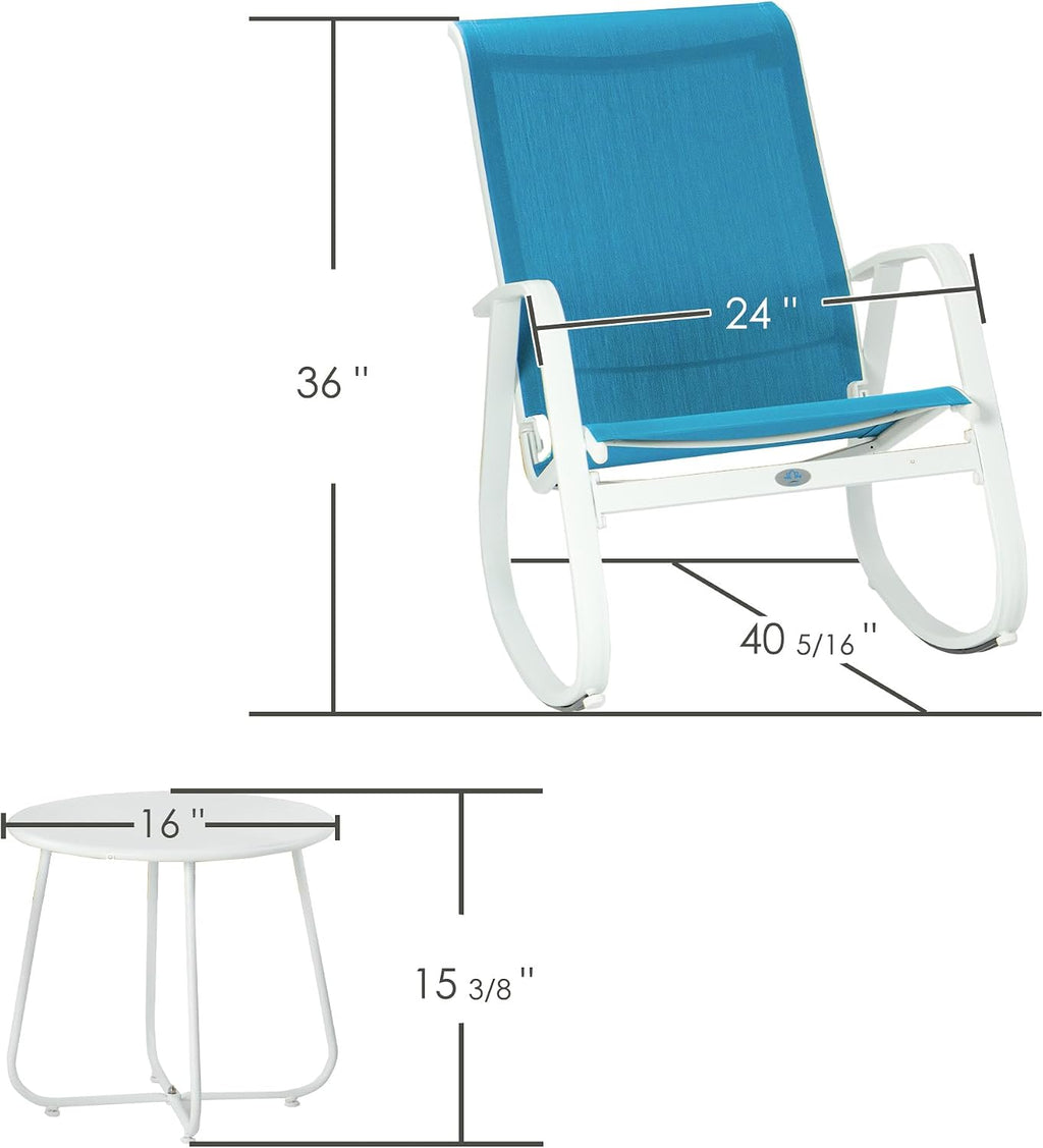 Kozyard 3-Piece Outdoor Rocking Chair Set, Patio Bistro Set 2 Sling Rockers with Side Table, Powder-Coated Aluminum Frame, Breathable Textilene Fabric for Porch, Garden, Balcony Blue