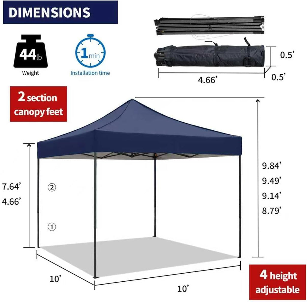 10x10 Pop up Canopy Tent with Awning Easy up Canopy with Wheel Bag Heavy Duty Waterproof Canopy Commercial Gazebo Tent for Outdoors Parties Vendors(Navy Blue)