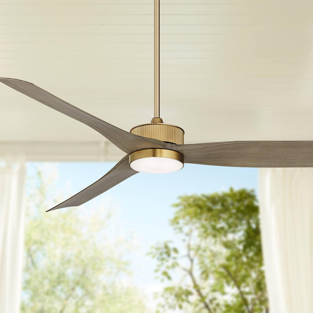 Casa Vieja 60' Montage Modern Outdoor Ceiling Fan with Dimmable LED Light Remote Control Warm Brass Brown Wood Blades Damp Rated for Patio Exterior House Home Porch Gazebo Includes 6' Downrod