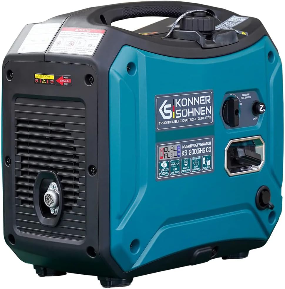 Konner&Sohnen Inverter Generator - 2000 W, Dual Fuel, Lightweight and Portable, Super Quiet with CO Sensor and Fuel-Efficient Technology, LPG/Gas Powered (German brand, model: KS 2000iHS CO)