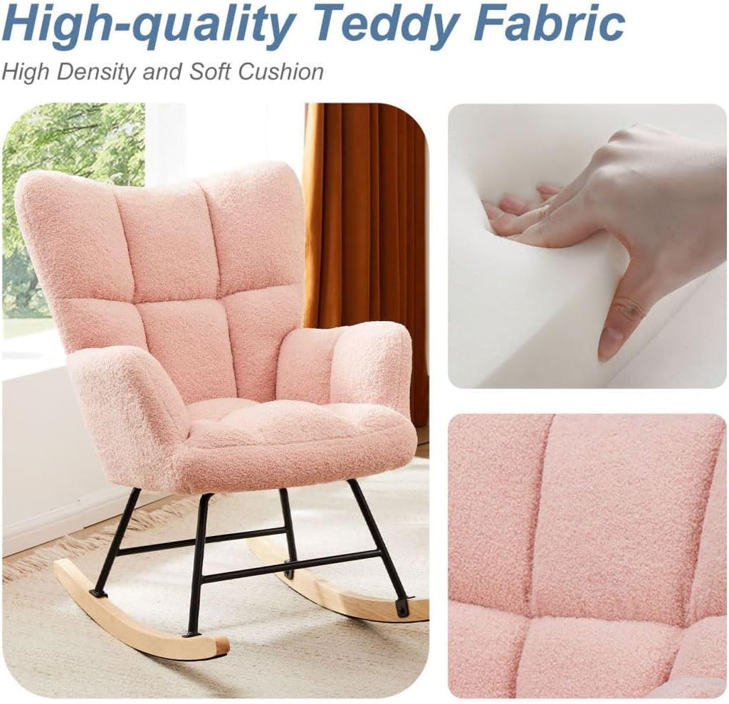 Nursery Rocking Chair, Boho Accent Ottoman, Teddy Upholstered Glider Rocker Accent Chair with High Backrest for Living Room, Small Spaces, Bedroom, Pink