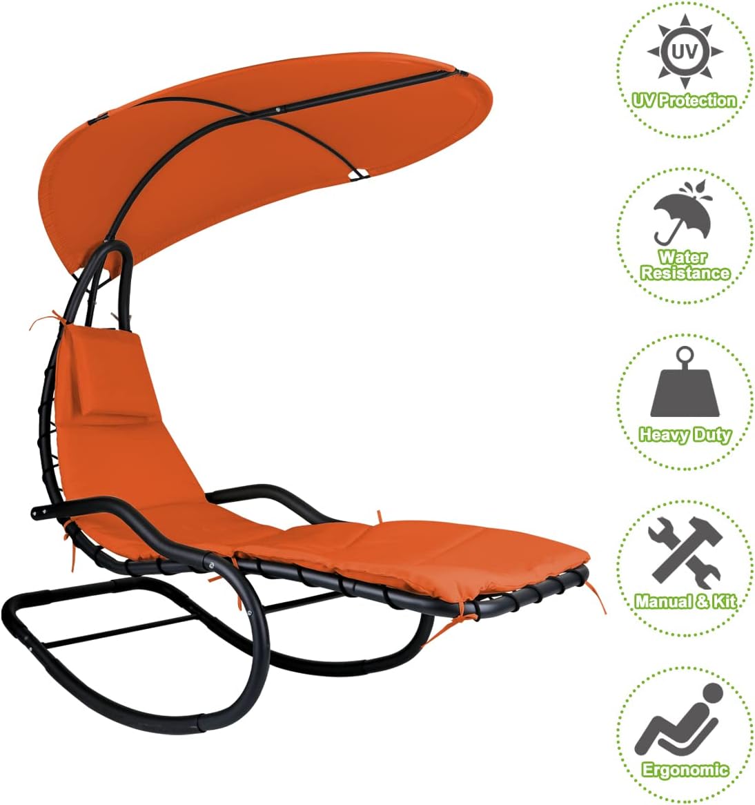 Outdoor Hammock Rocking Chaise Lounge Swing Chair, with Stand and Canopy, Porch Swing w/Soft Cushion Removable Headrest, Outdoor Recliner Rocking Chair for Garden Backyard Poolside (Orange)