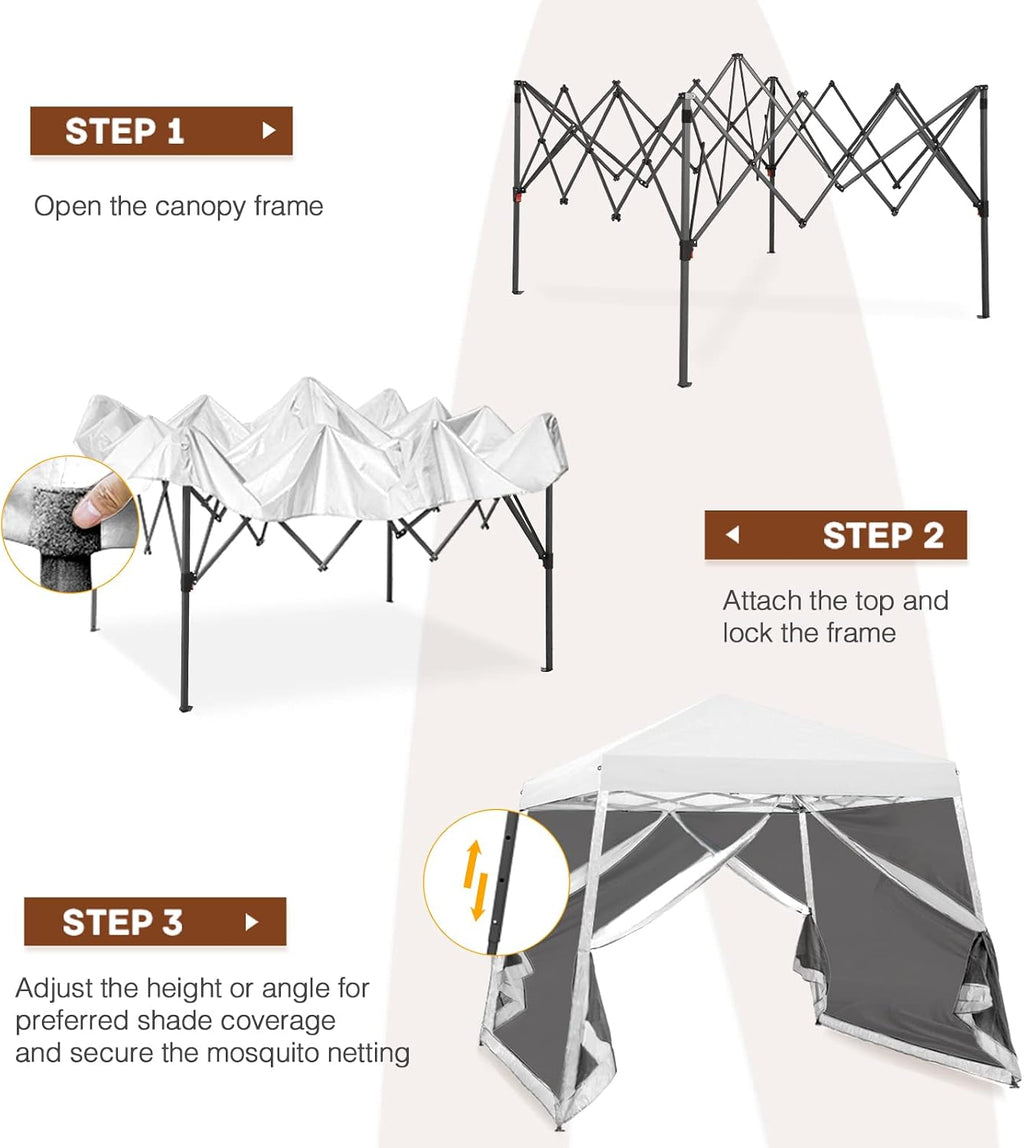 10x10 Pop Up Canopy Tent, Slant Leg Instant Screened Gazebo with Mesh Walls, UV Protection, Water Resistant, White