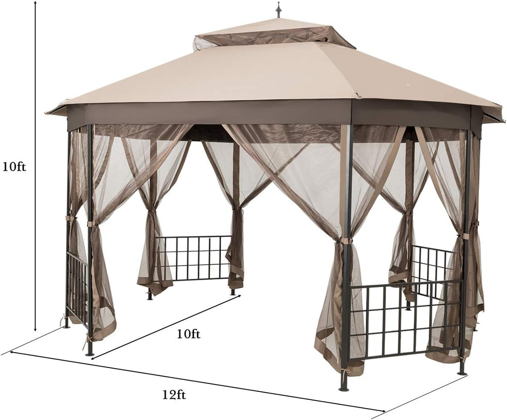 Tangkula 10 x 12 Ft Patio Gazebo, Heavy Duty Octagonal Canopy with Netting Sidewalls & Sturdy Steel Frame, Double Roof Vented Shelter for Backyard Event Party BBQ (Brown)