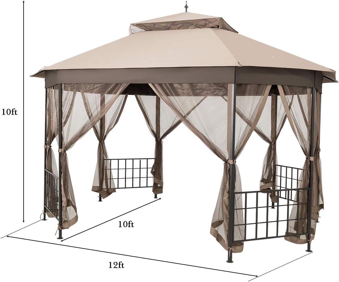 Tangkula 10 x 12 Ft Patio Gazebo, Heavy Duty Octagonal Canopy with Netting Sidewalls & Sturdy Steel Frame, Double Roof Vented Shelter for Backyard Event Party BBQ (Brown)