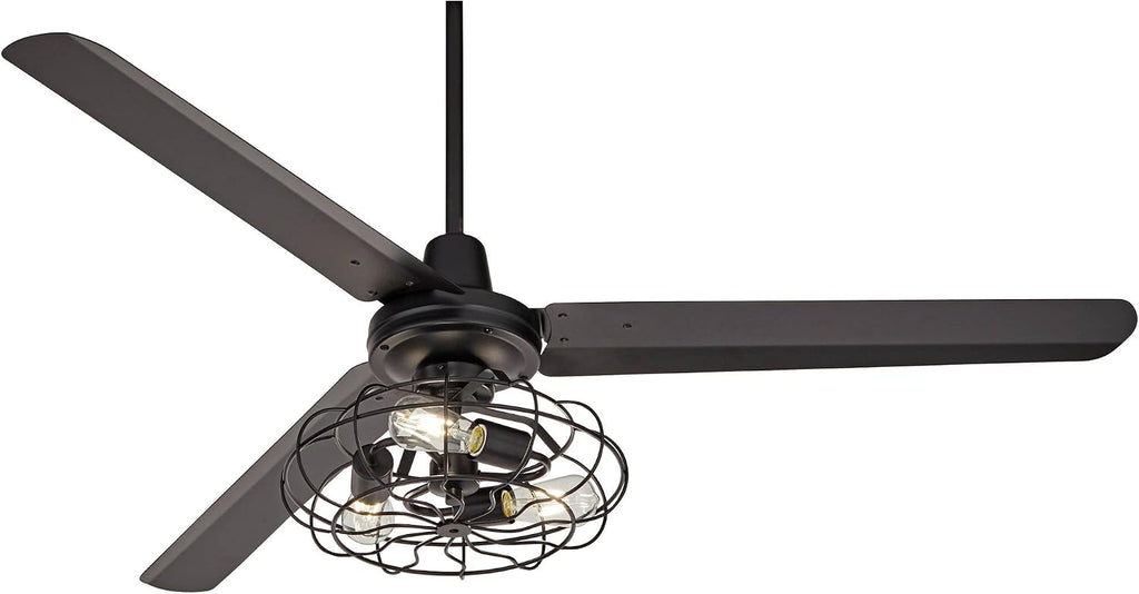 Casa Vieja 60' Turbina Modern Industrial 3 Blade Indoor Outdoor Ceiling Fan with LED 3-Light Remote Control Matte Black Cage Damp Rated for Patio Exterior House Porch Gazebo Garage Barn