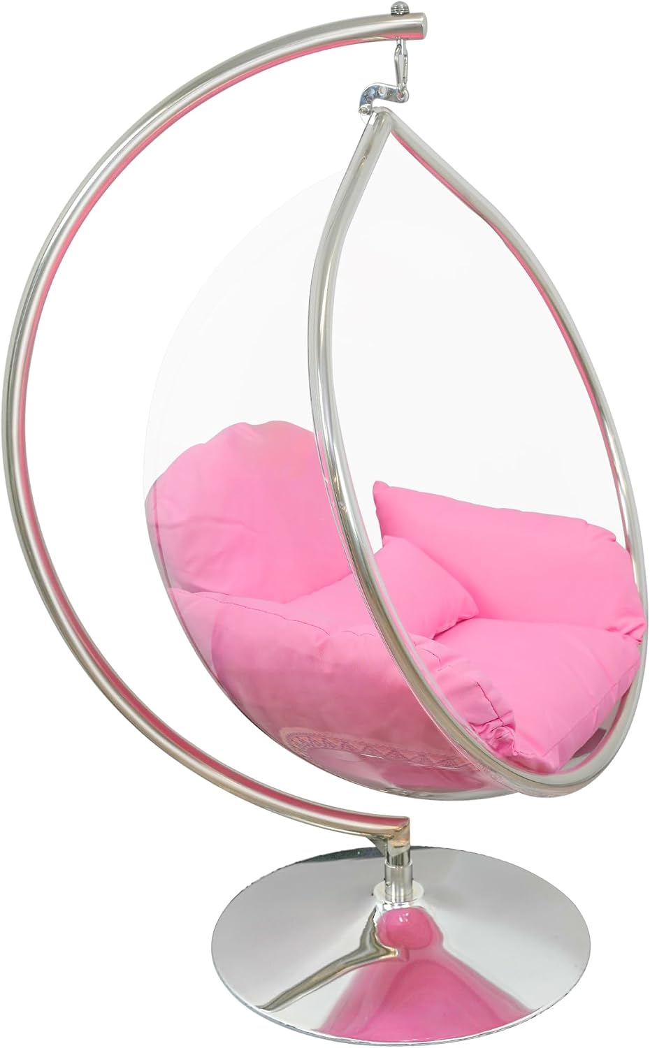 Hanging Chair - Transparent Acrylic Bubble, Waterdrop Shape, Indoor Swing Chair with Gold/Chrome Stand, Durable Fabric Cushion - Luxury Accent for Living Room, Bedroom (Chrome/Pink)