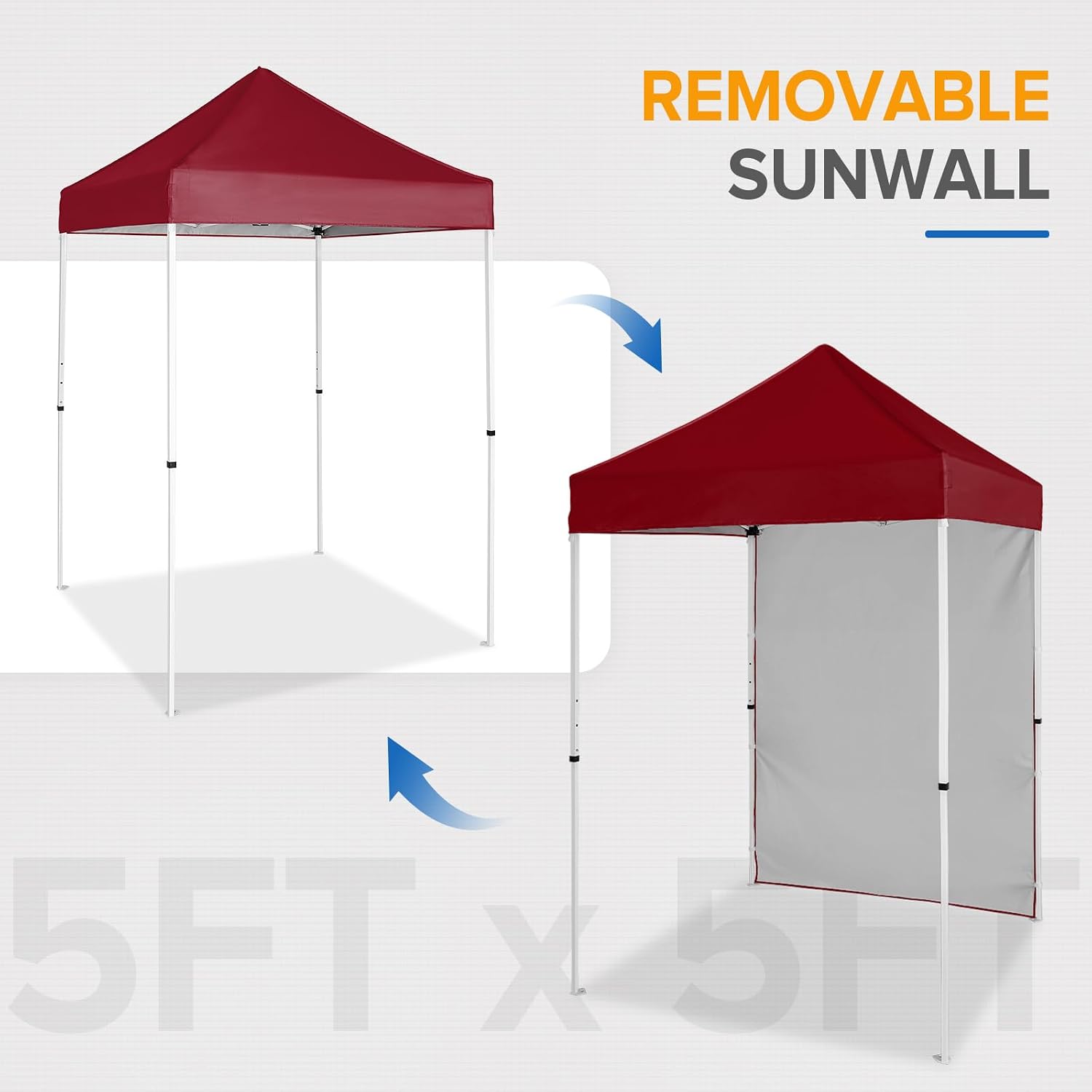 EAGLE PEAK Pop up Canopy 5x5, Outdoor Portable Canopy Tent with One Removable Sunwall, Carry Bag Included, Burgundy