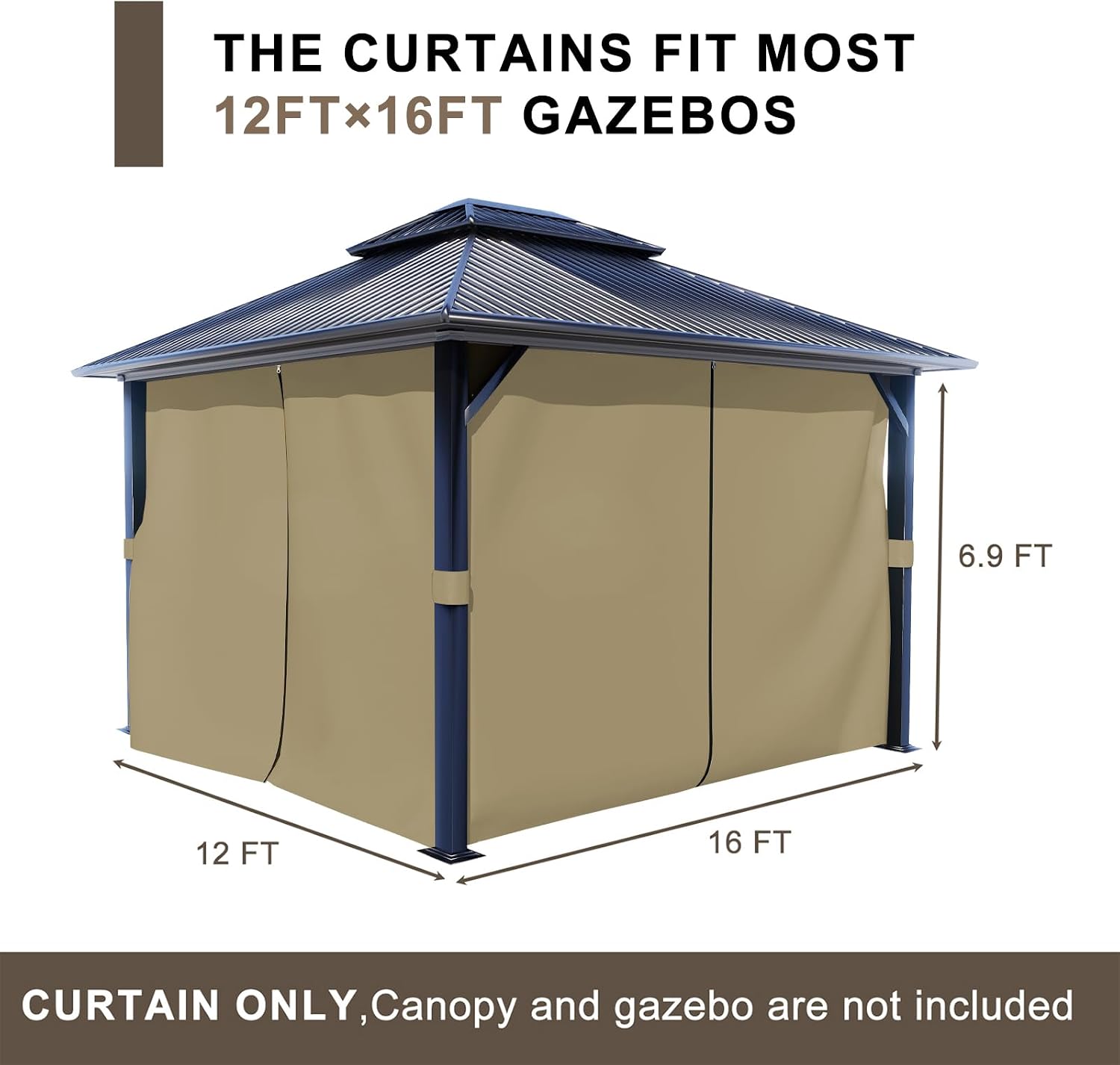 BPS 12' x 16' Gazebo Privacy Curtains with Double Zipper, 4-Panels Side Wall Universal Gazebo Side Panels Replacement for Patio, Outdoor Canopy, Garden and Backyard (Curtain Only)