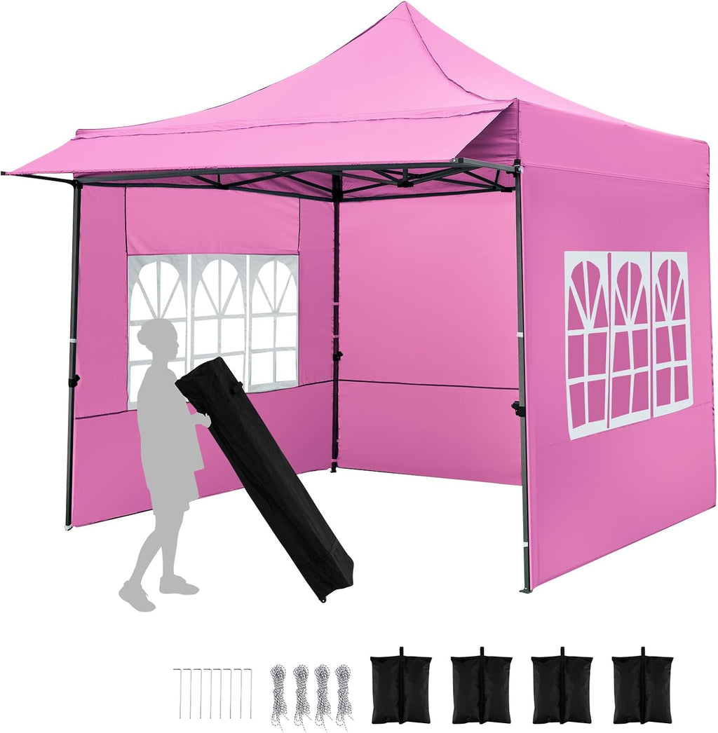 Tangkula 10x10 FT Pop Up Canopy, Outdoor Tent with 3 Sidewalls & Awning, Wheeled Bag, 4 Sandbags, 8 Stake, 4 Ropes, Portable Canopy Tent for Party Picnic Event Beach Camping (Pink)